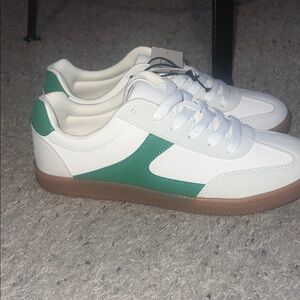 White and Green Sneakers with Gum Sole
